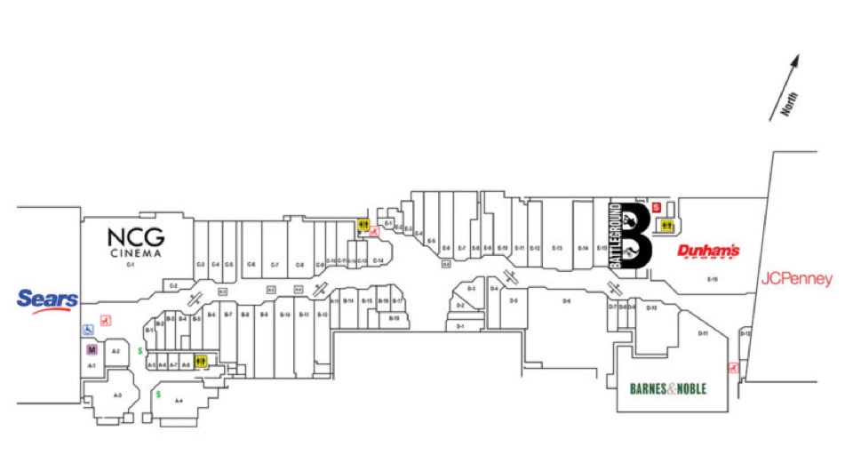 Floor plan of Lakeview Square Mall showing the Battleground unit marked B near the back entrance